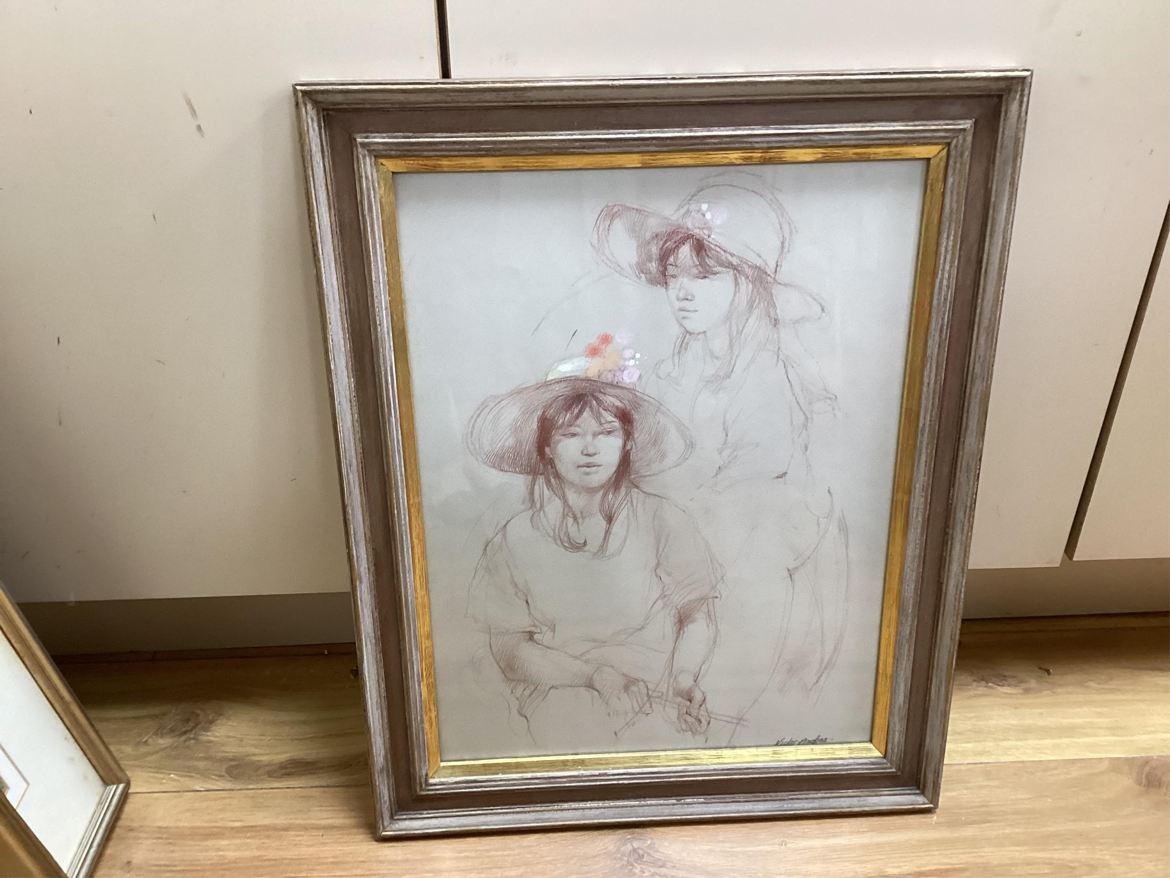 Victor Andre (20th. C), A sketch of two young girls, signed lower right, coloured chalks, 46 x 34cm